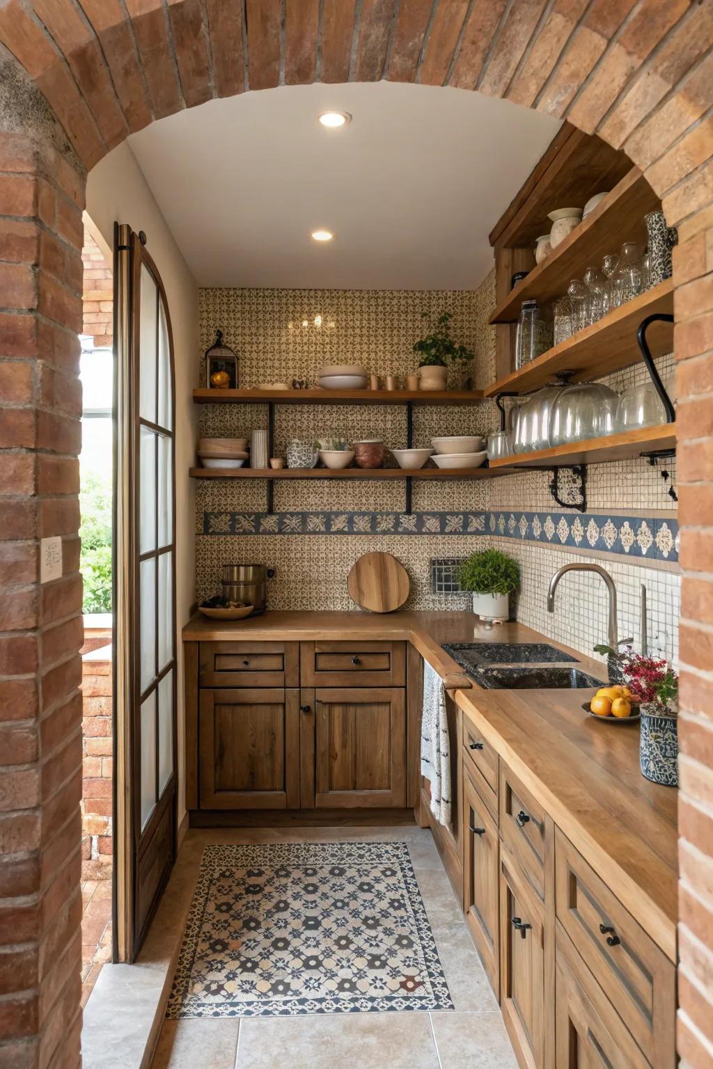A blend of materials creates a textured masterpiece in this kitchen alcove.