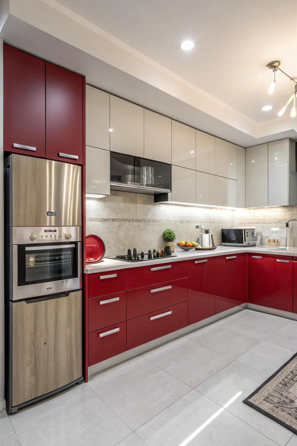 Scarlet cabinets inject energy and passion into the cooking space.
