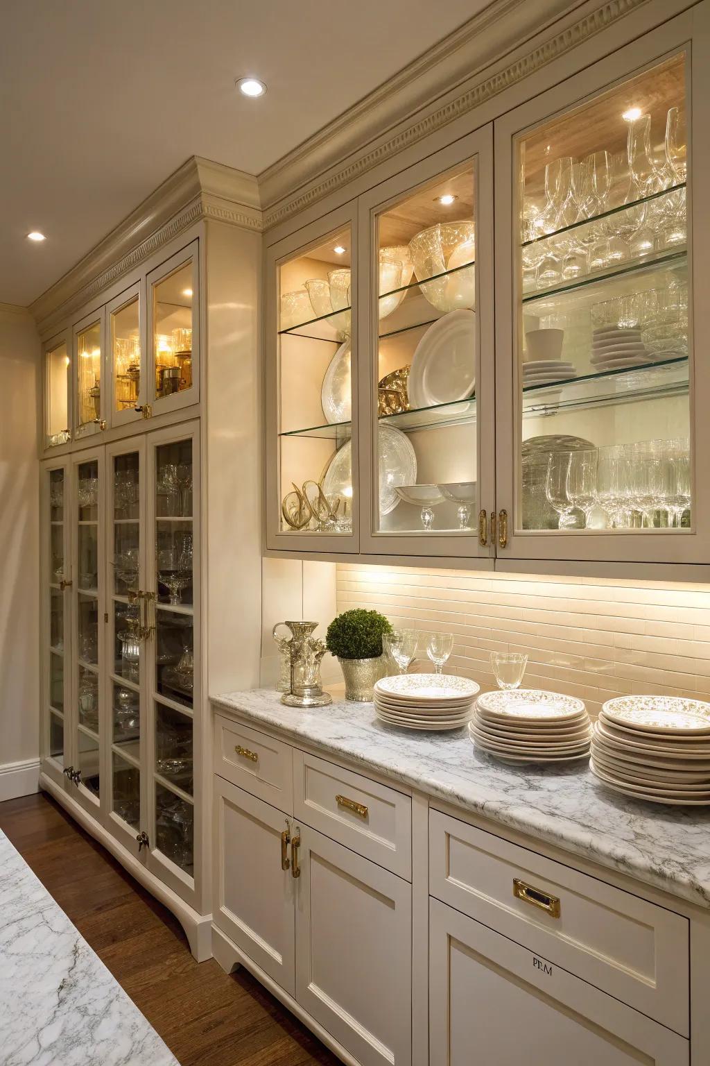 Glass-front cabinets offer a stylish way to display dishware.