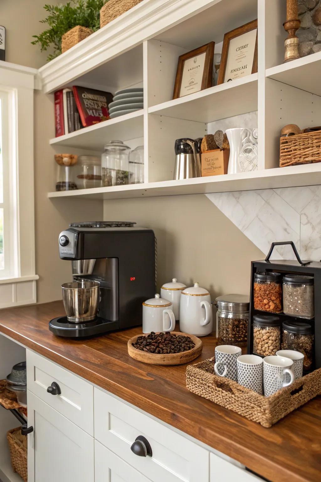 A designated corner serving as the core of a kitchen coffee station.