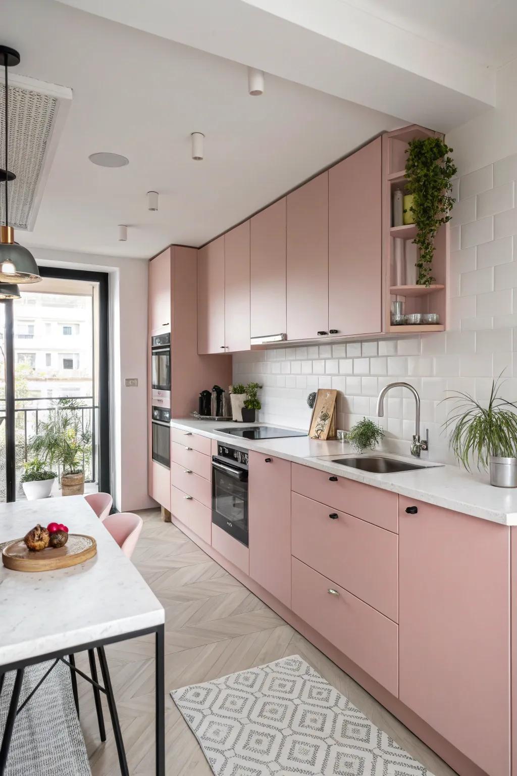 Lively light pink imparts an fanciful and chic sensation to the kitchen.