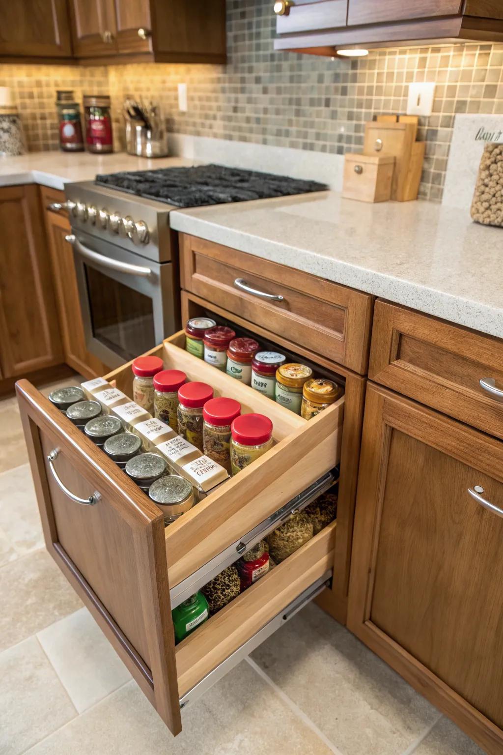A slim spice drawer keeps your favorite flavors at your fingertips.