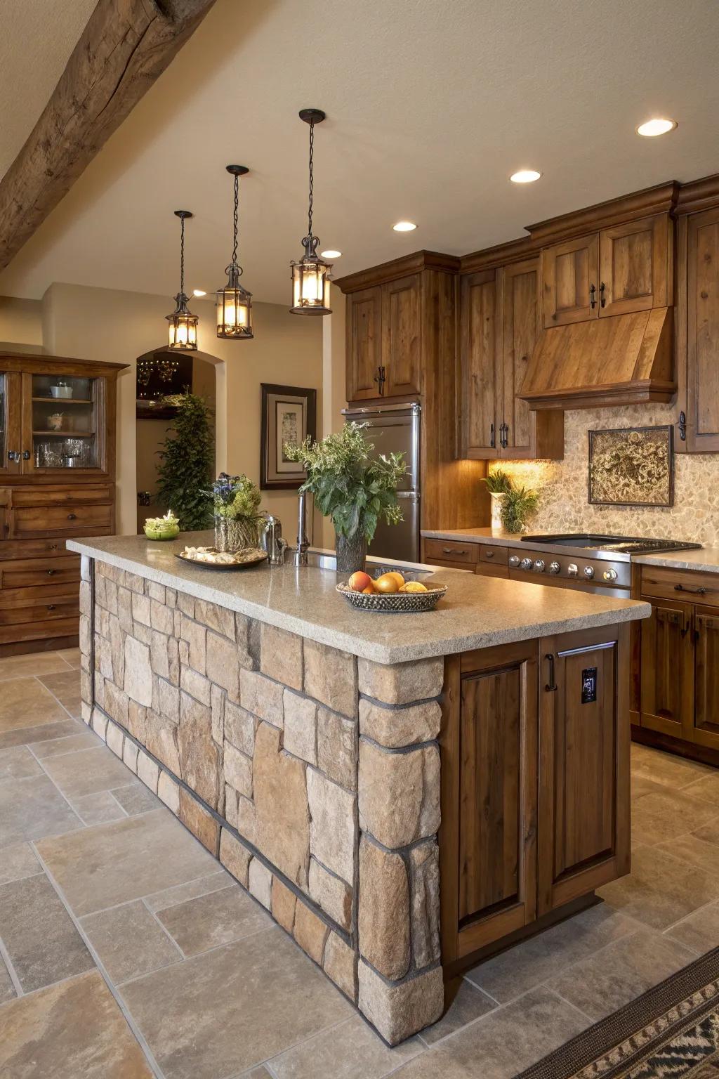 Natural wood and earthy colors foster a serene and harmonious appearance for this cooking island.