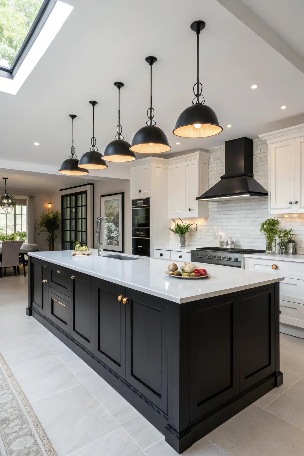 A ebony kitchen island creates a bold and dramatic focal point in the contemporary kitchen.