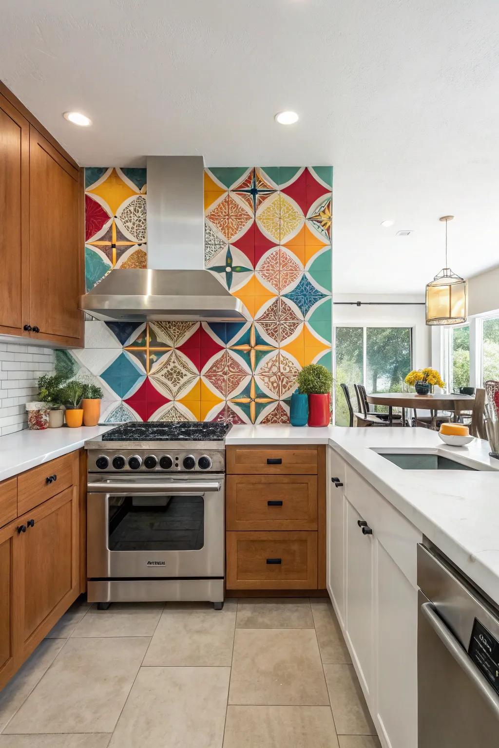 A kitchen highlighting a bold defining wall covering.