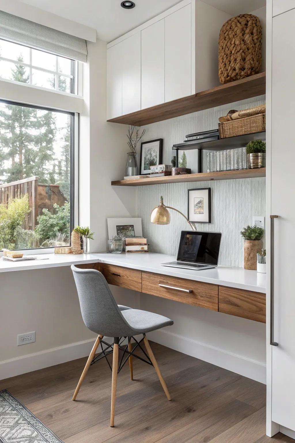 A floating desk brings a minimalist charm to the kitchen nook.