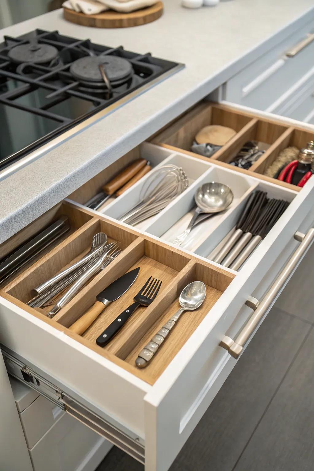 Drawer dividers maintain order among utensils and tools.