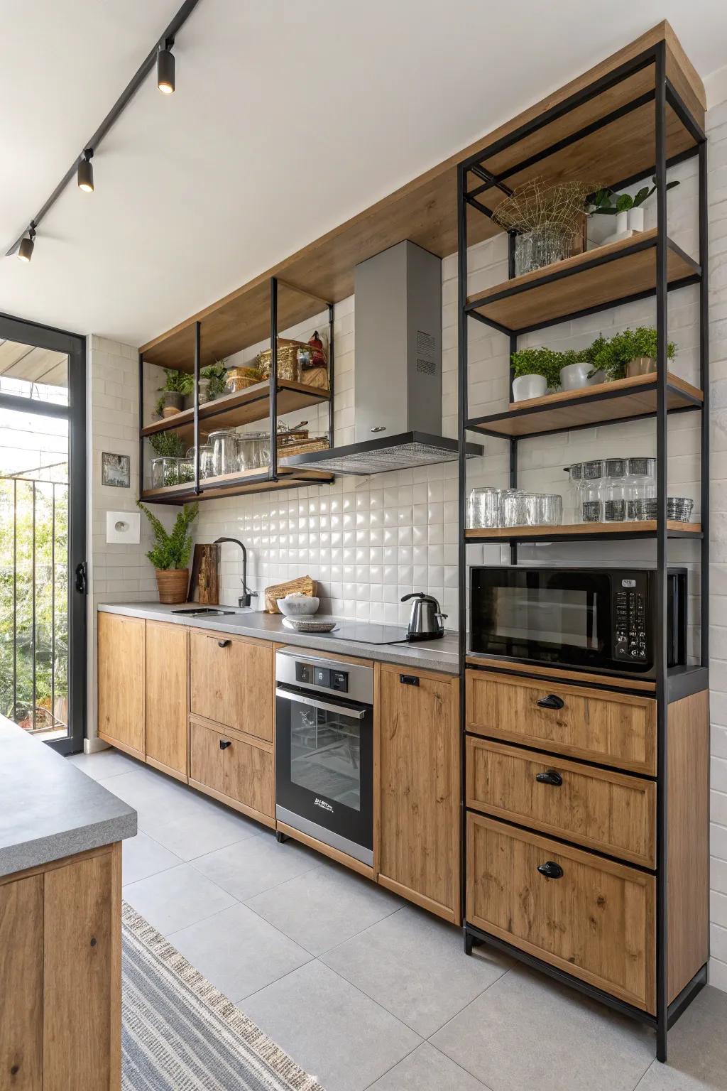 A configurable approach with mixed shelving can create a vibrant kitchen setting.