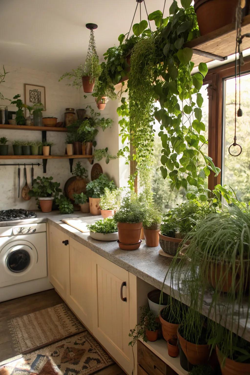 Greenery adds a full of life and refreshing touch to the kitchen.