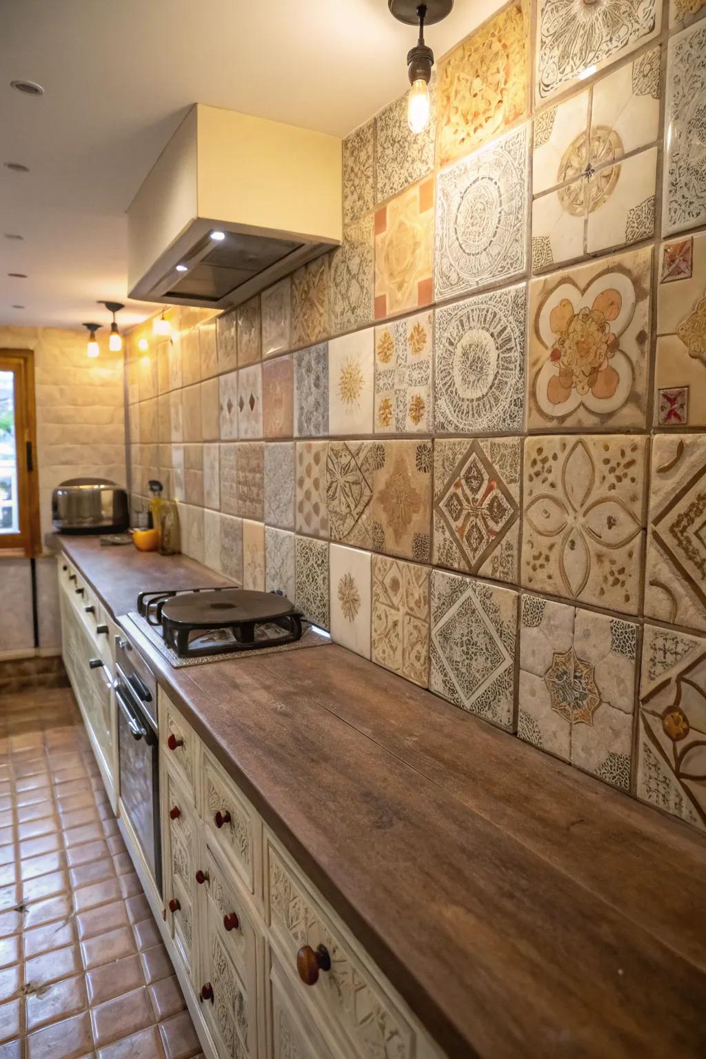 Hand crafted appearance tiles add artisanal distinctiveness to this cooking area.