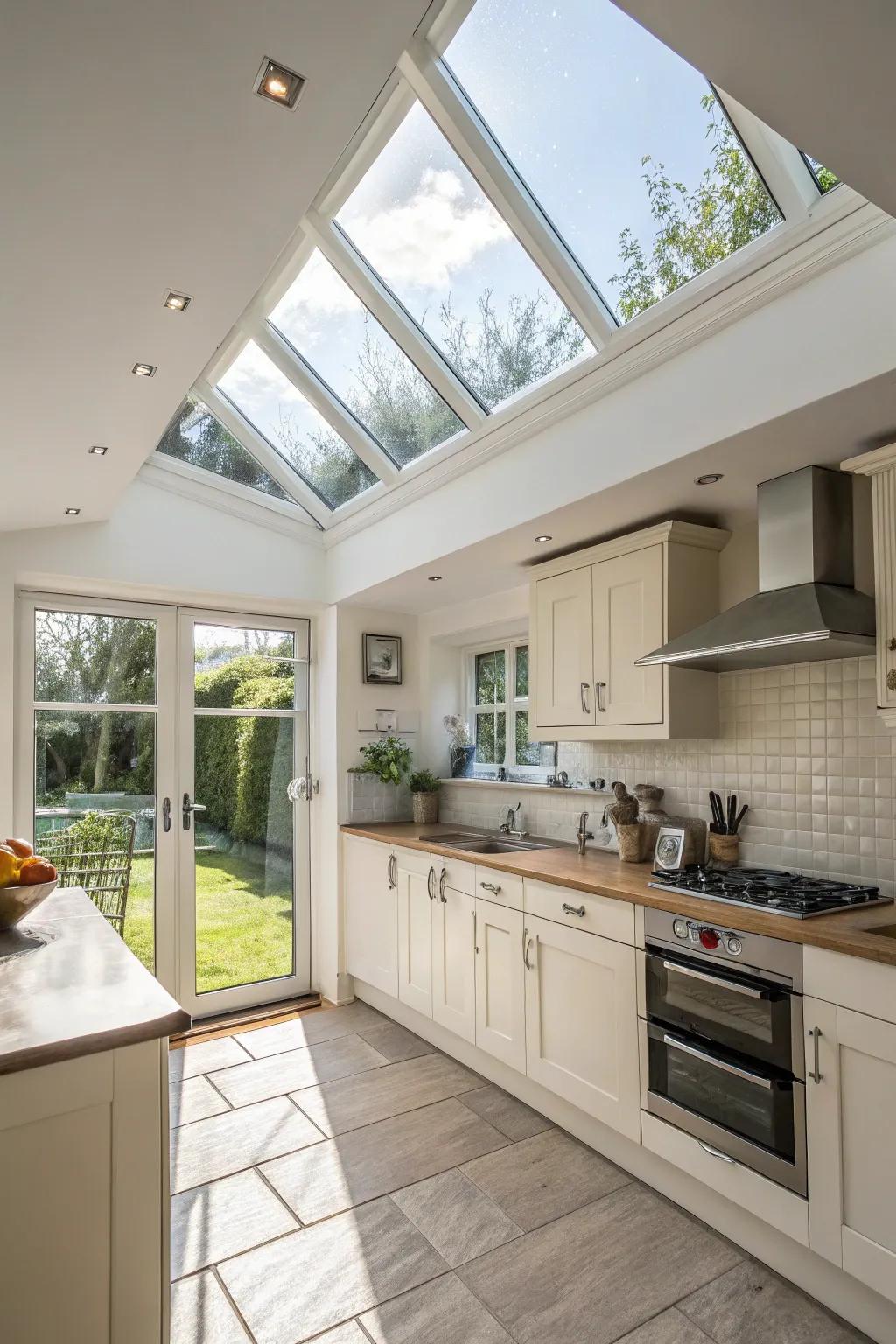 Open-able atrium lights boost kitchen ventilation, enabling a current of fresh air.