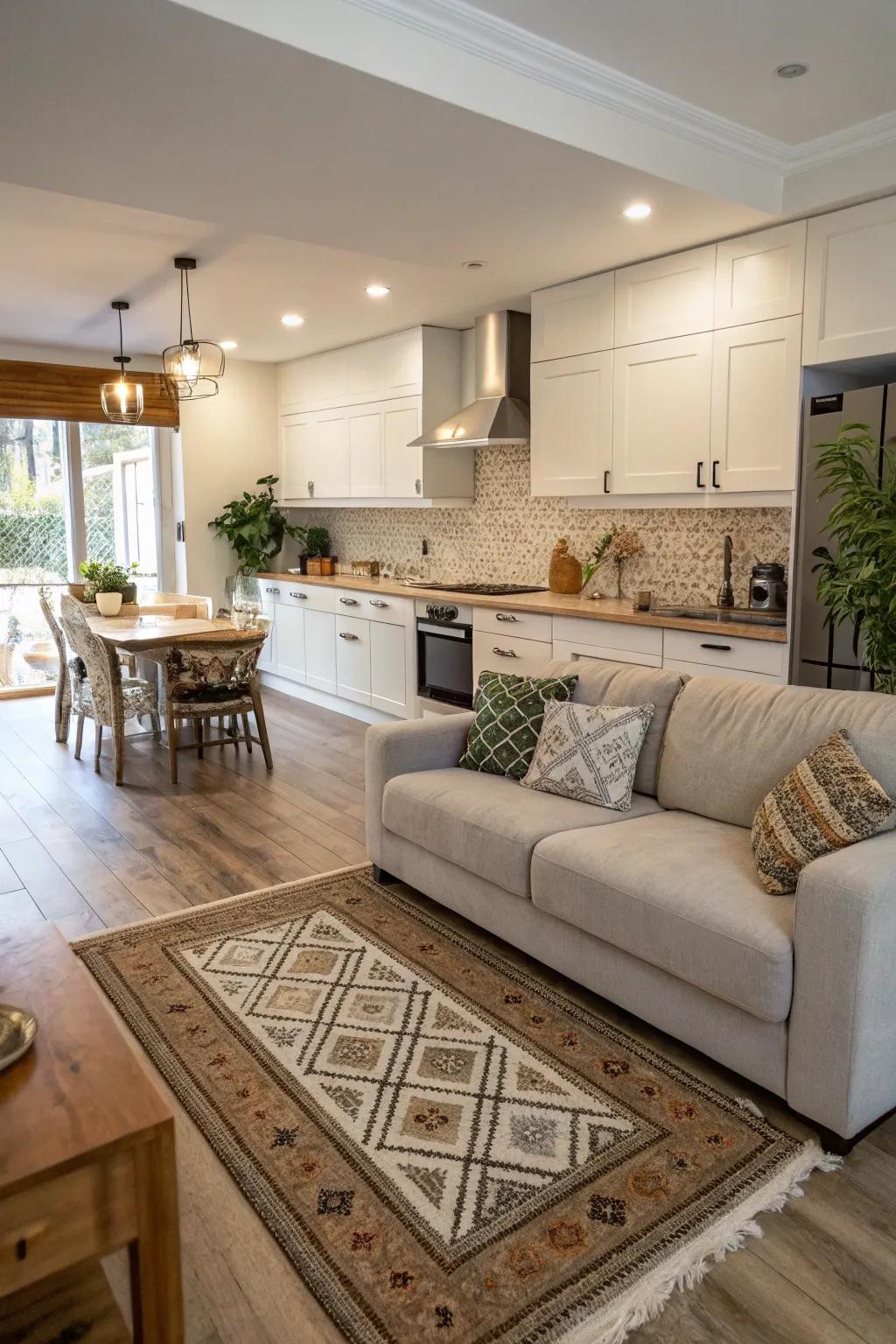 A kitchen with a sofa area defined by a vibrant rug, creating distinct zones.