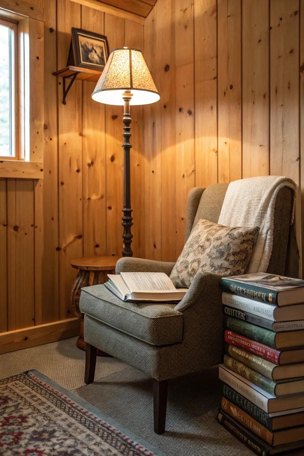 A snug reading alcove perfect for relaxation in a knotty pine cabin.