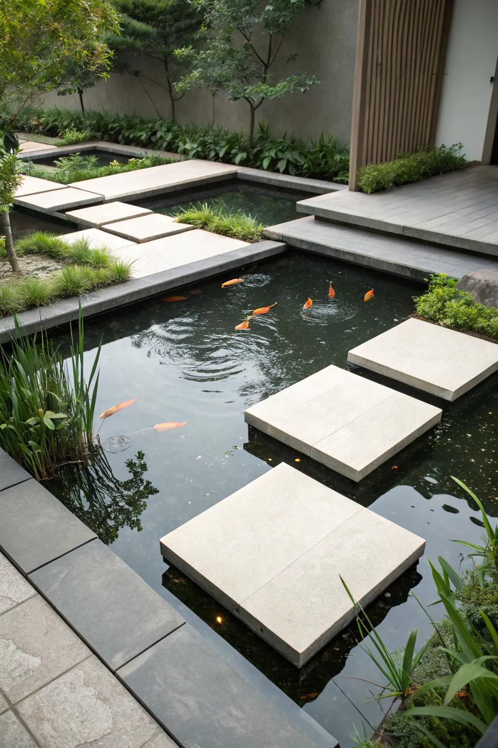 Footpaths add a serene element to minimalist ponds.