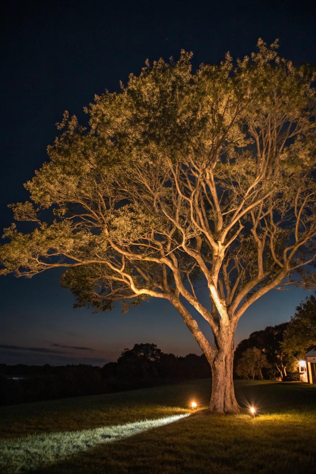 Nocturnal illumination transforms trees into striking evening highlights.