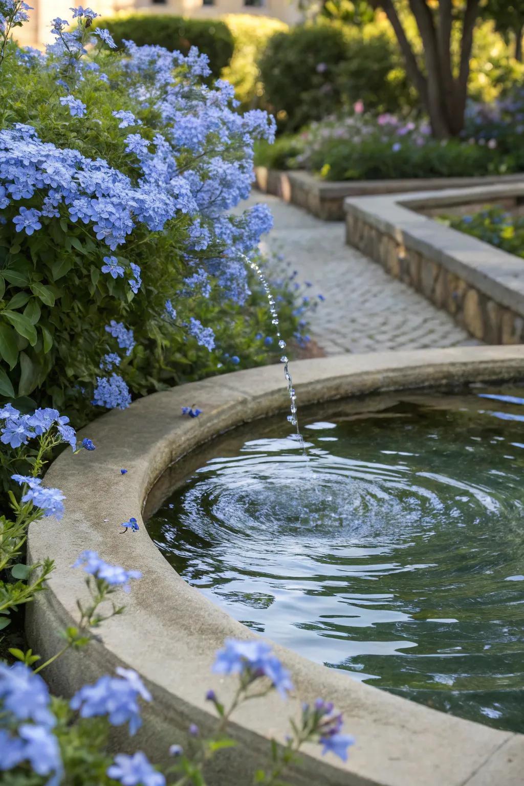 A serene water feature encircled by blue plumbago flowers.