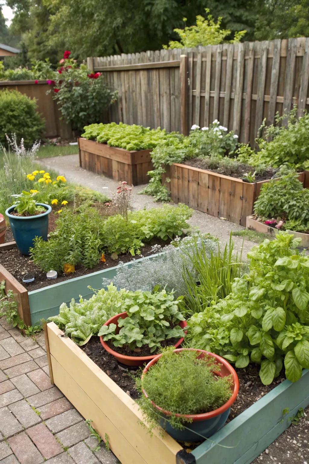 A garden featuring raised beds with vegetables and herbs, blending beauty and function.