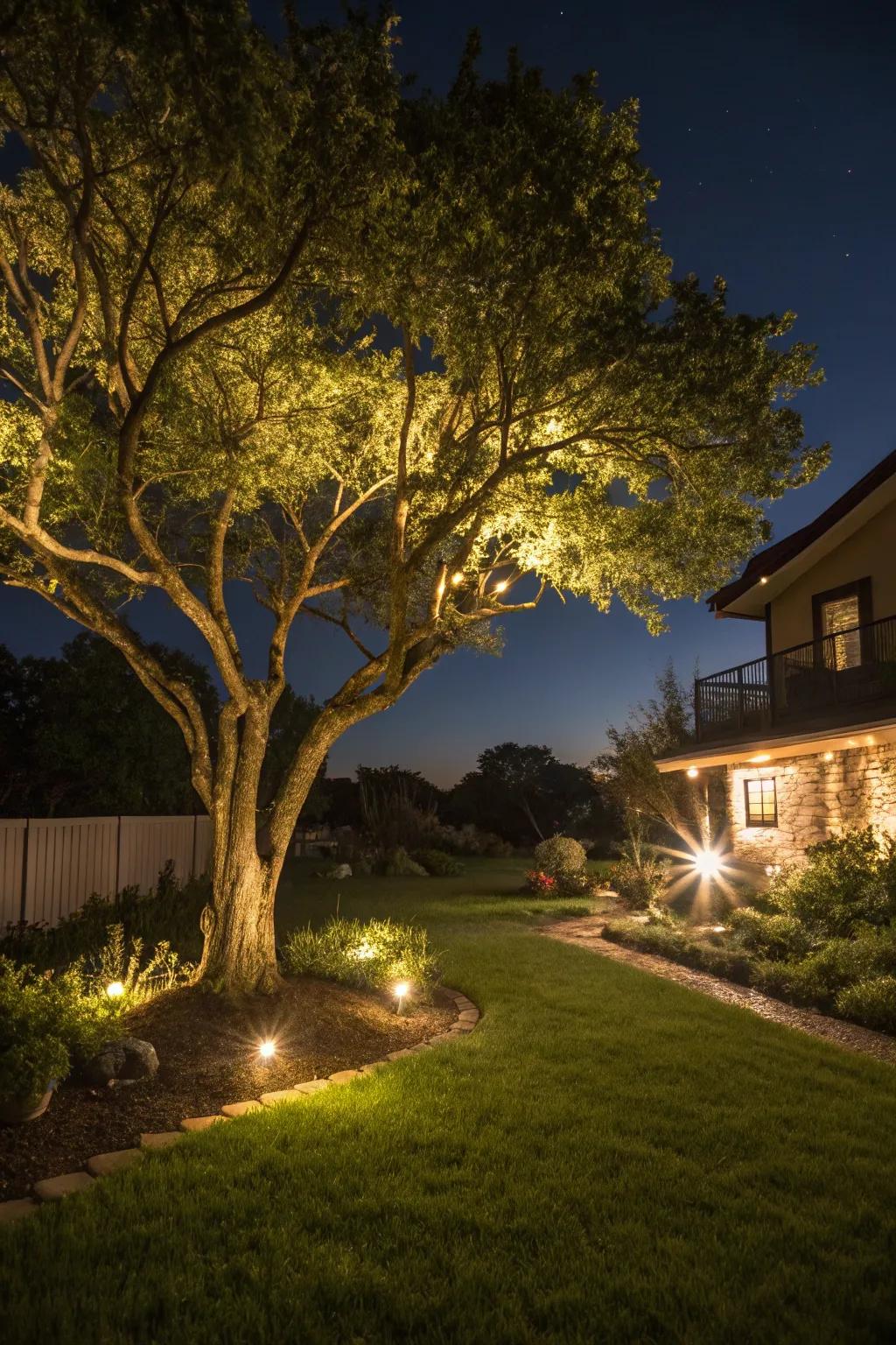 A tree beautifully lit by night lights, creating an enchanting garden.