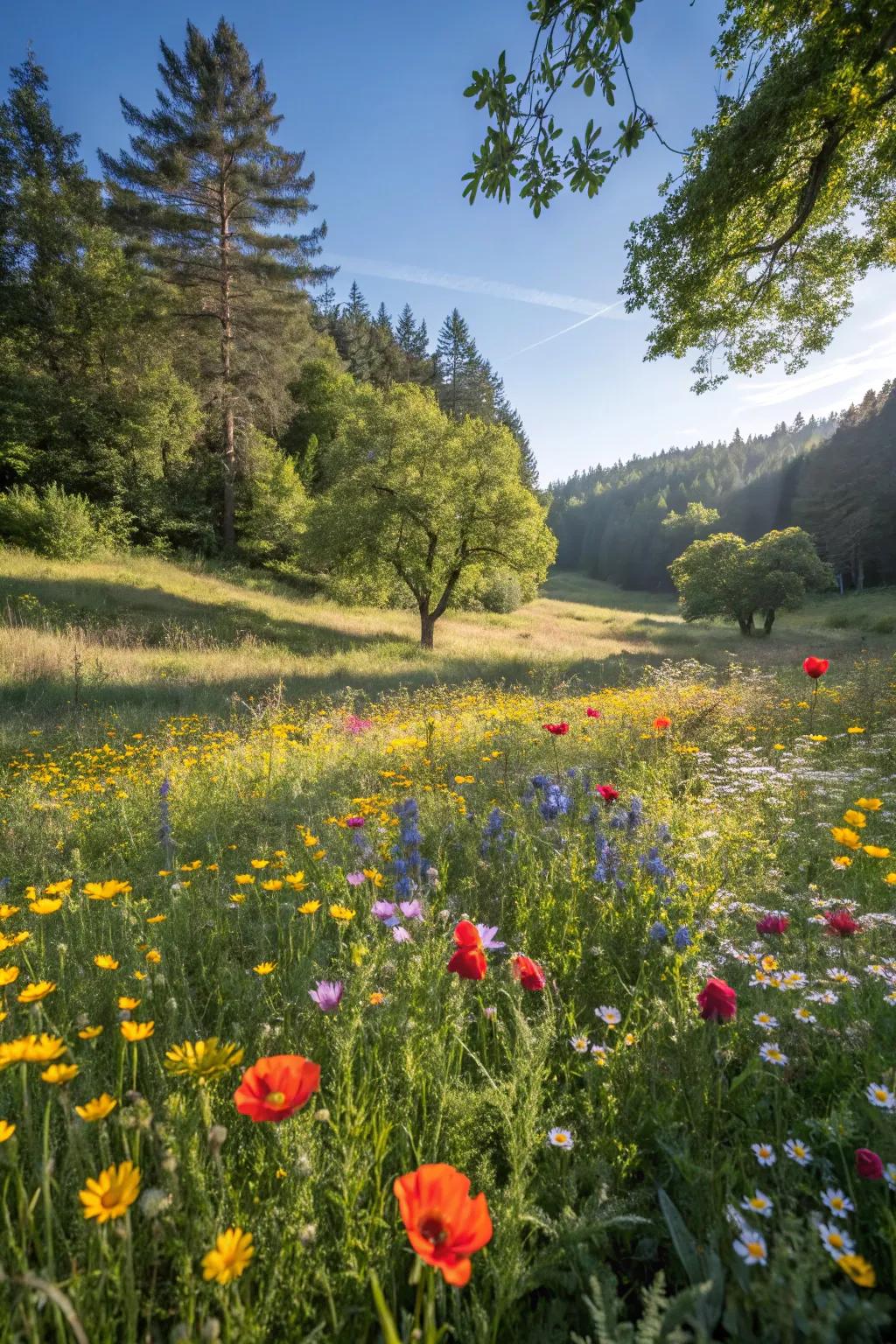 A vibrant meadow lighting up the forest.