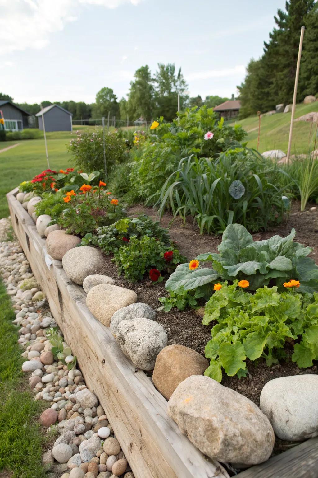 Enormous stones provide an organic edge for country elevated gardens.