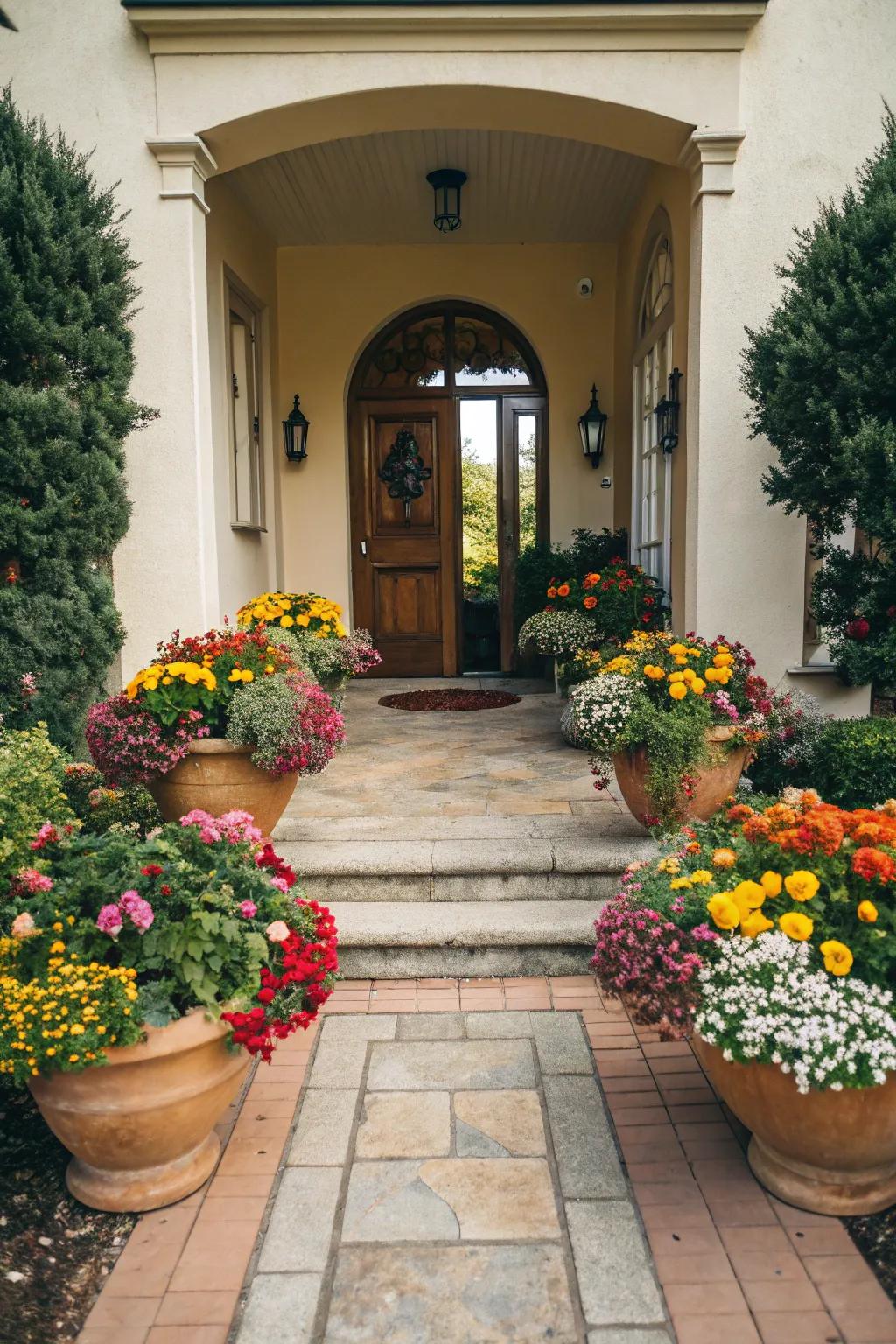 Brighten your entrances with vibrant planter arrangements.