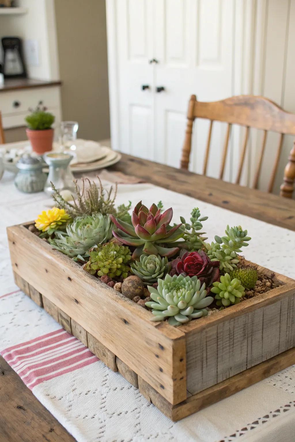 A rustic wooden box brimming with lush succulents.