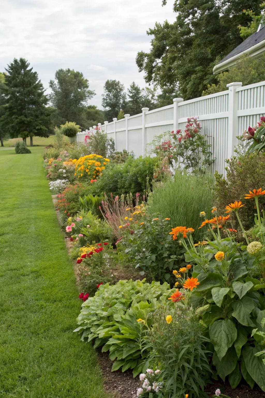 A balanced blend of companion plants flourishing alongside a healthy lawn.