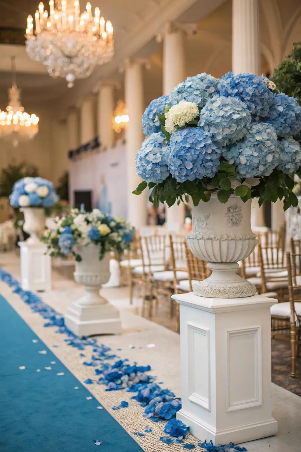 Dramatic vessels filled with azure bloom clusters.