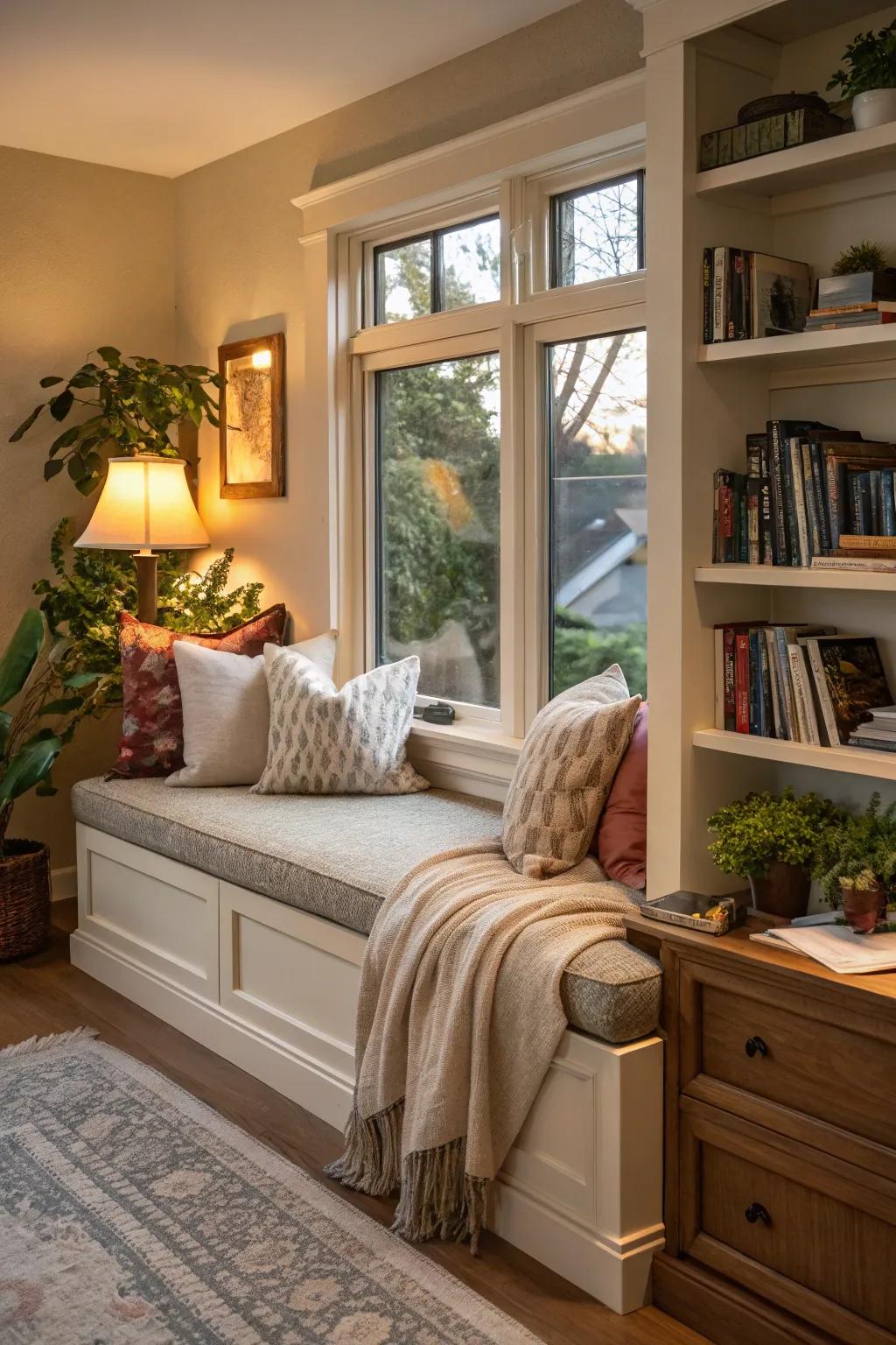A window seat can be a charming addition to a corner with a view.