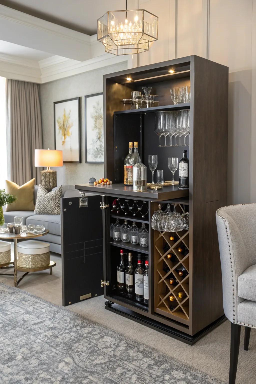 A stylish mini home bar employing modular shelving for elegant entertainment.