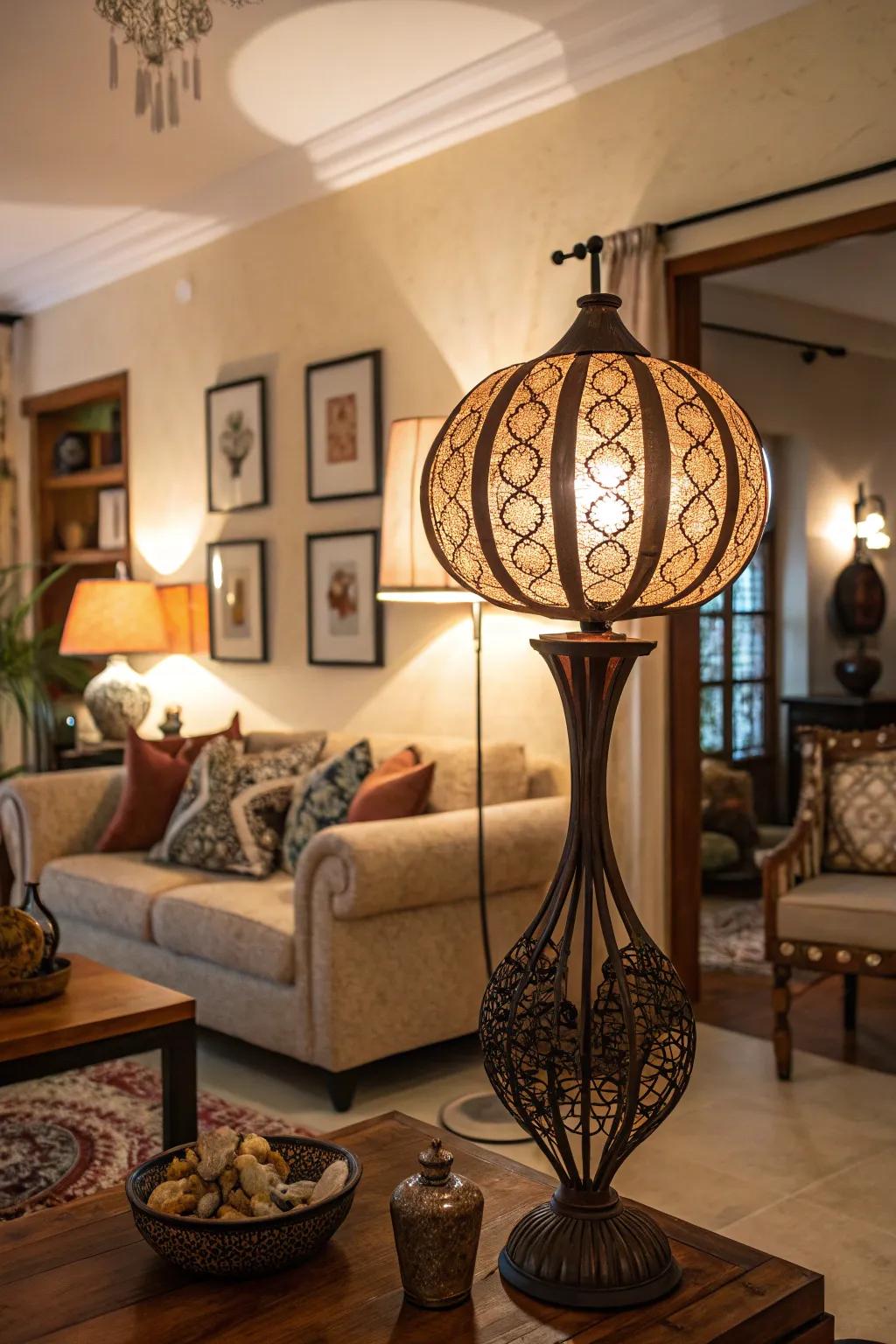 Statement lighting adds drama to the living room.