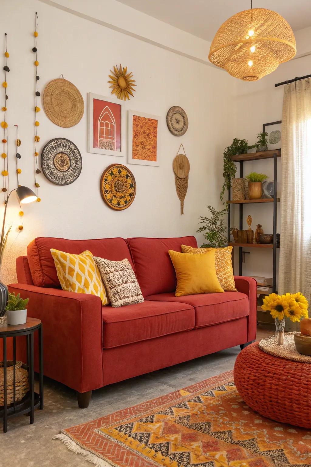 Similar shades cultivate warmth and harmony, enhancing the red sofa's inviting vibe.