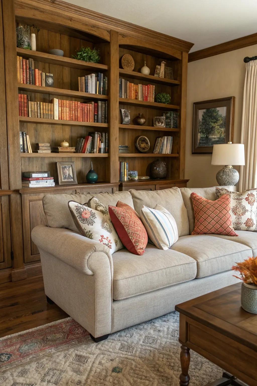 A bookshelf behind the sectional adds function and charm.