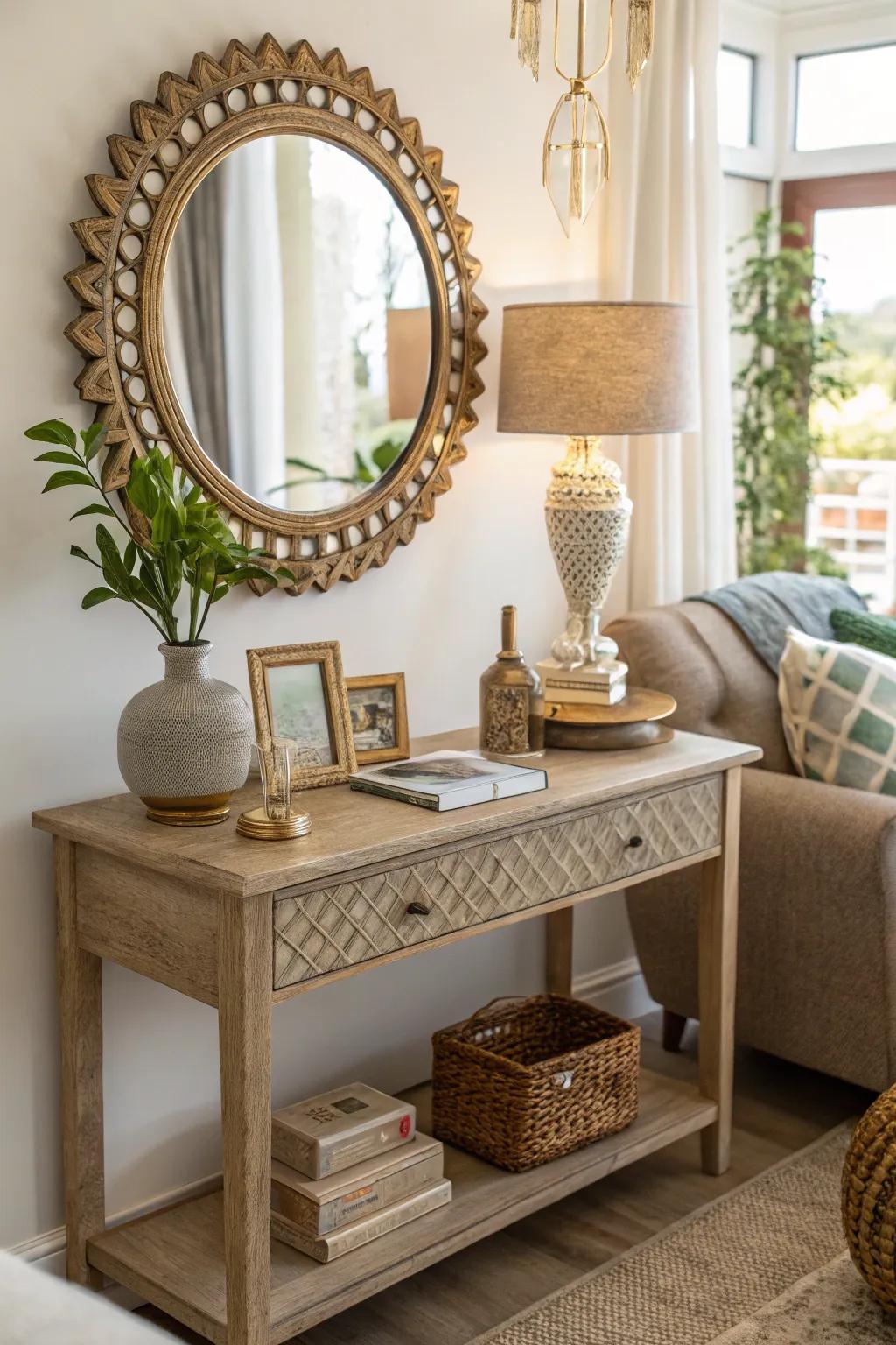 Mirrors on side tables give the illusion of expanded space.