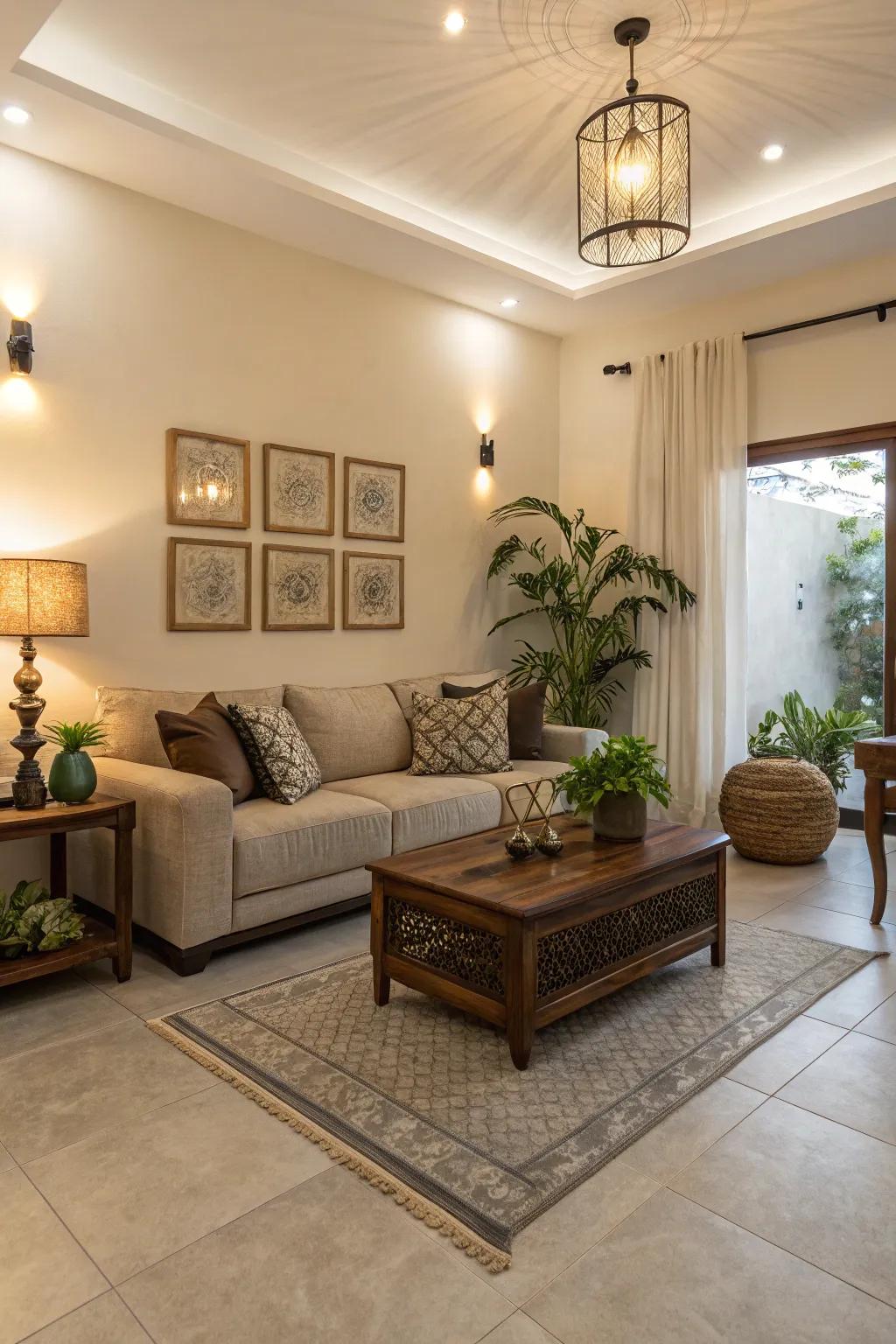 Harmonious family room featuring cohesive tiling assimilation.