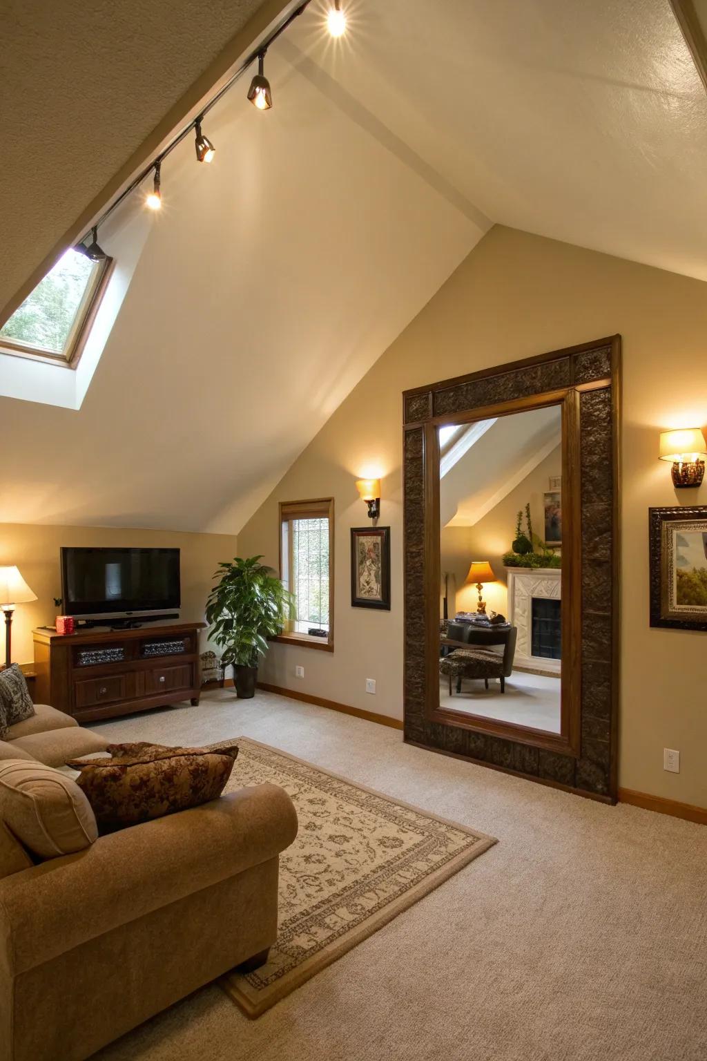 Mirrors enhance light and space in a vaulted ceiling room.