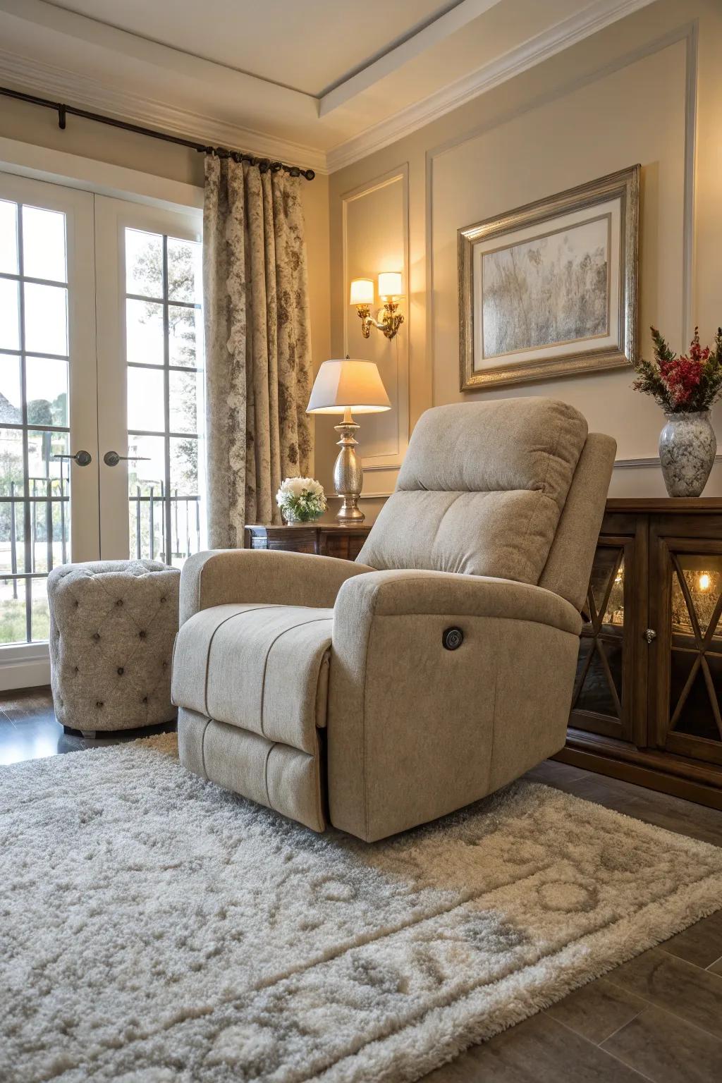 A luxurious feel with a recliner and an area rug in the living room.