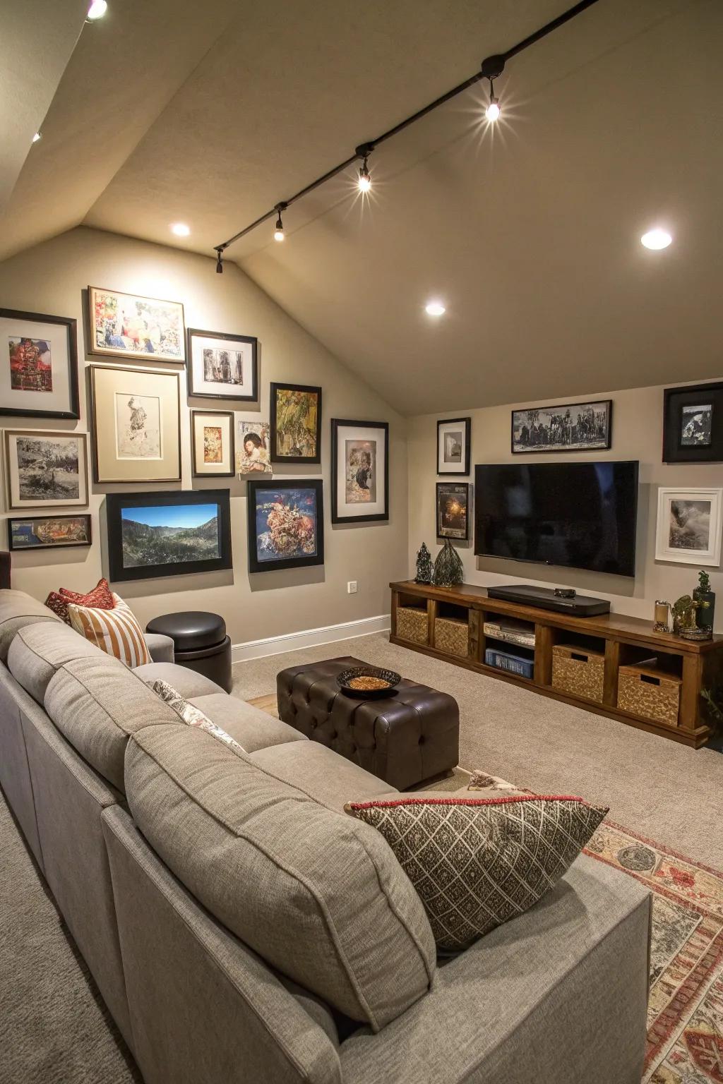A gallery wall personalizes your media room with art and memories.