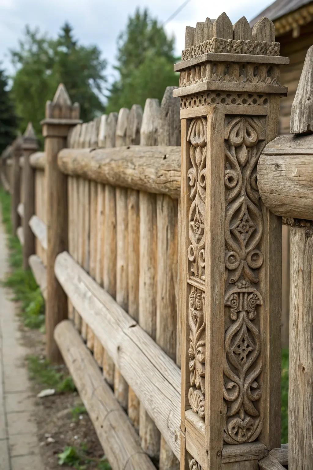 Decorative carvings personalize and enhance your log fence.