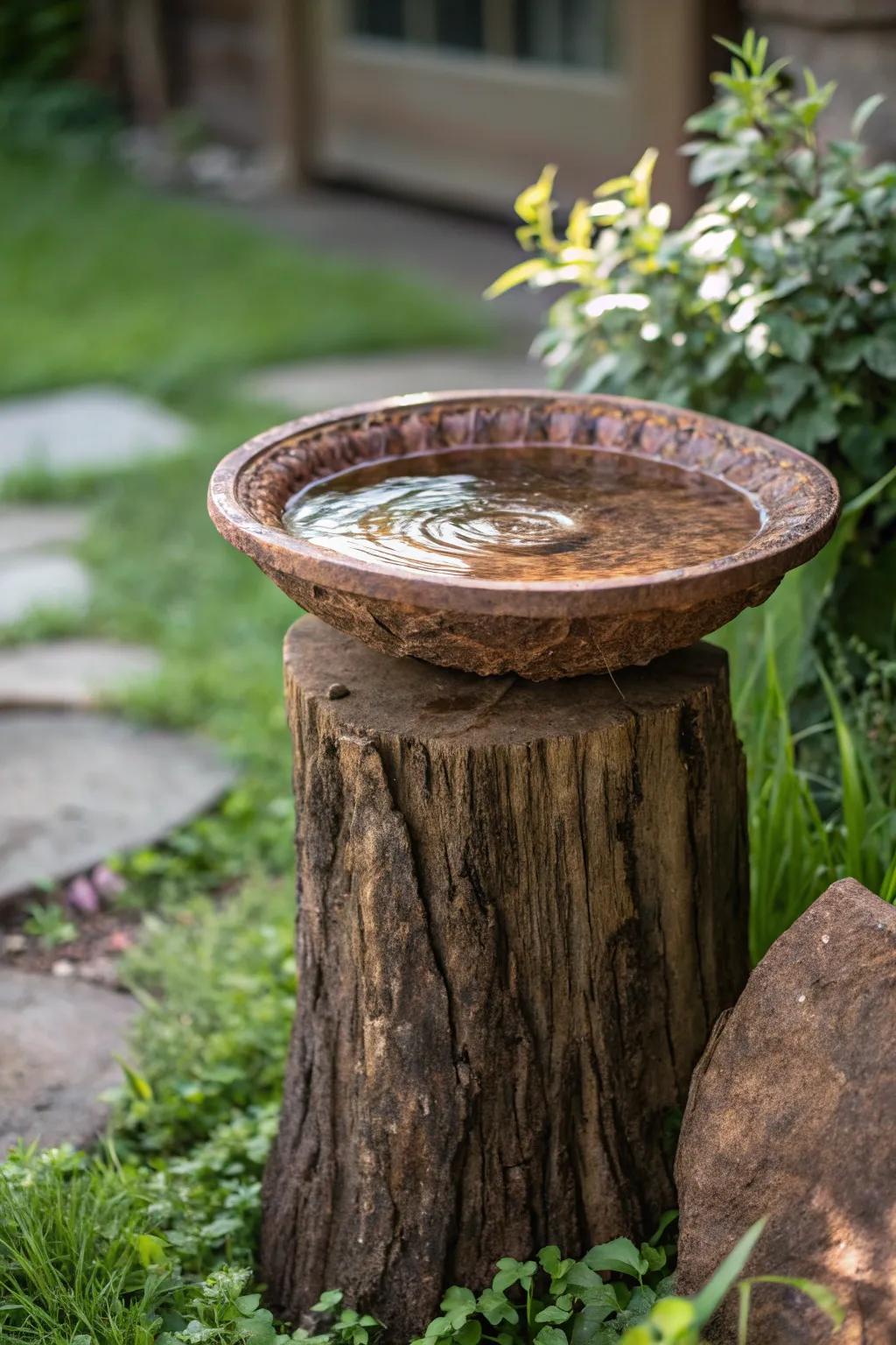 Invite nature into your garden with a handcrafted log bird bath, where simplicity meets elegance.