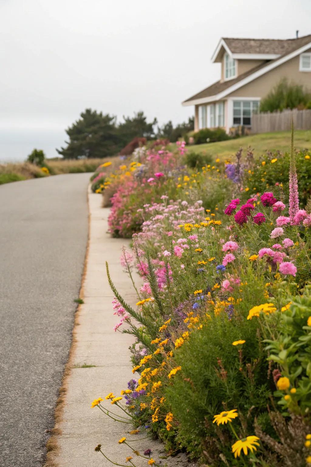 Wildflowers bring a natural, rustic charm to this driveway.
