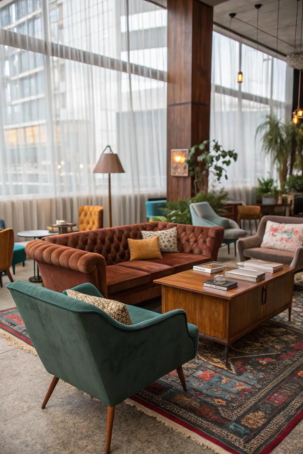 Diverse furniture generates a distinctive and personalized lounge space.