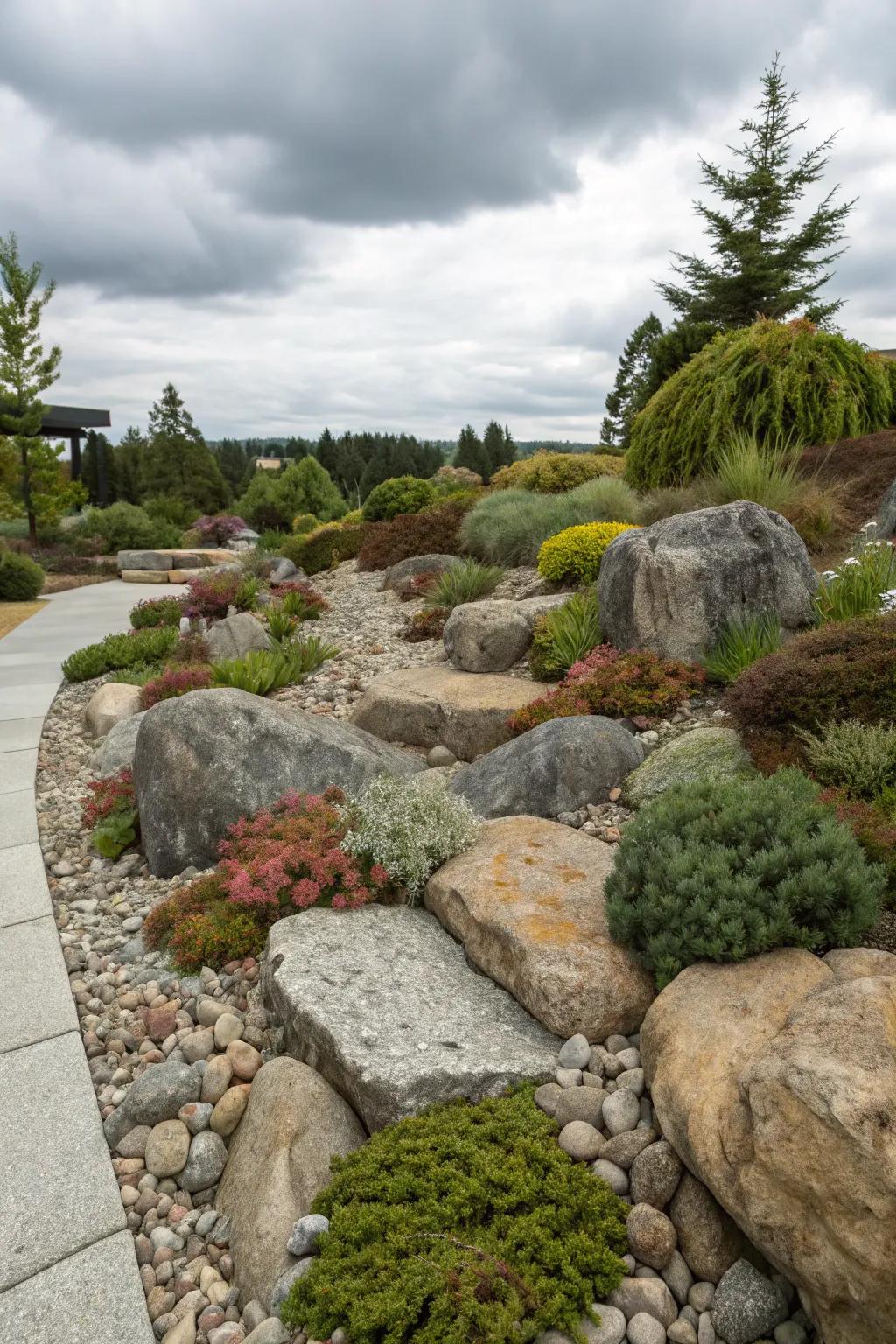A rock garden adds texture and interest with minimal maintenance.