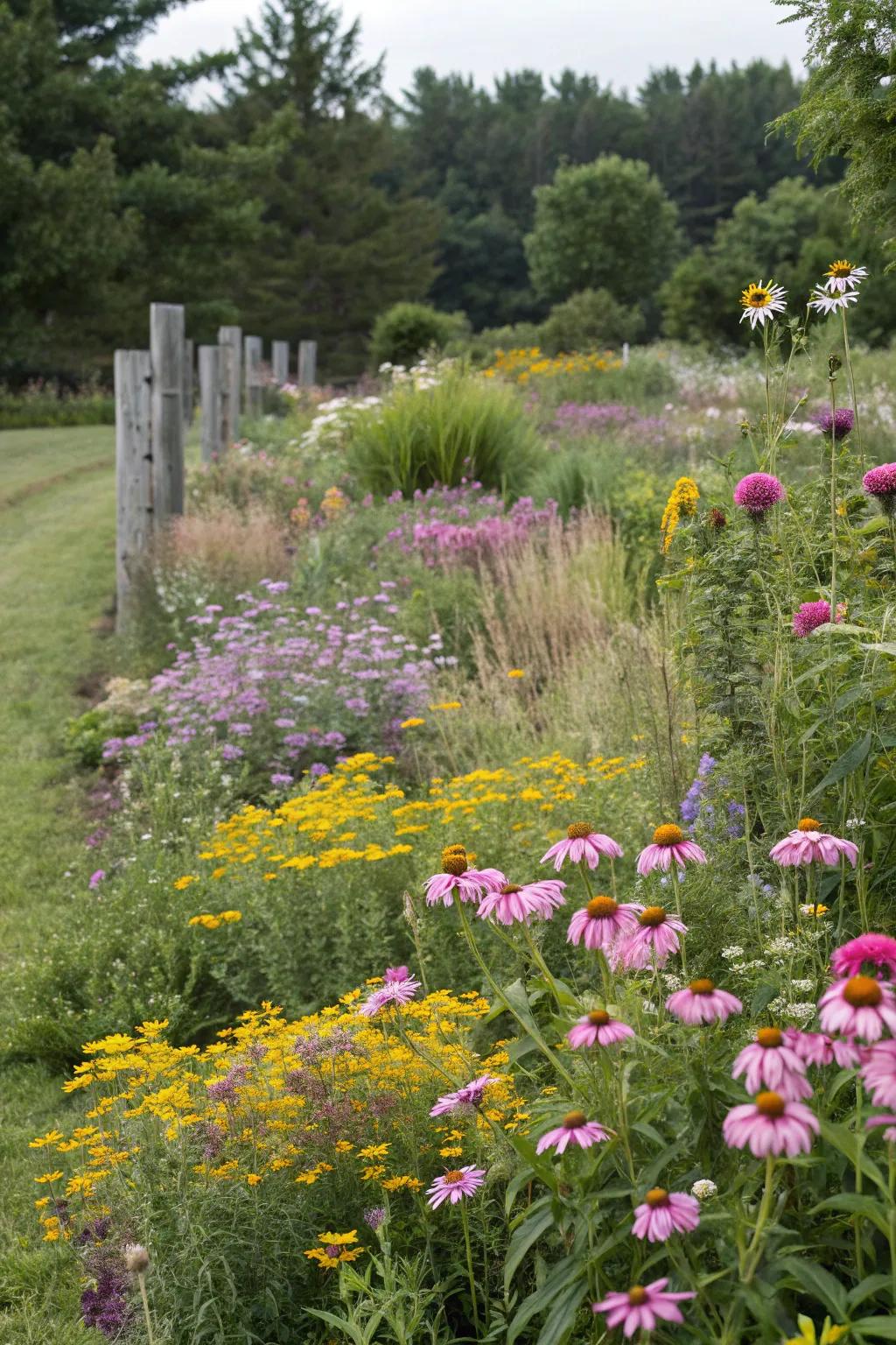 Wild blooms intermixed with perennials create a natural tapestry.