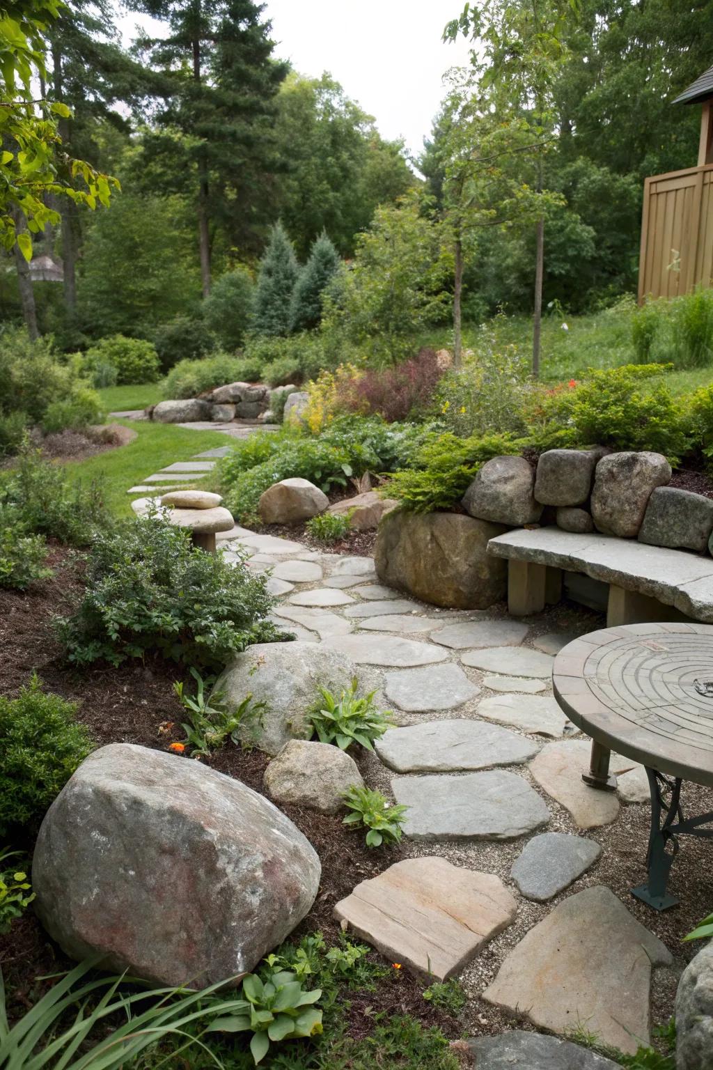 A stone seating spot invites relaxation.