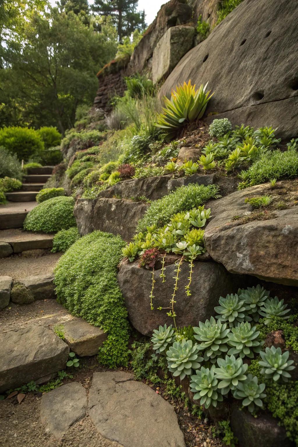 Elevated planting introduces a distinctive dimension to a rock garden.