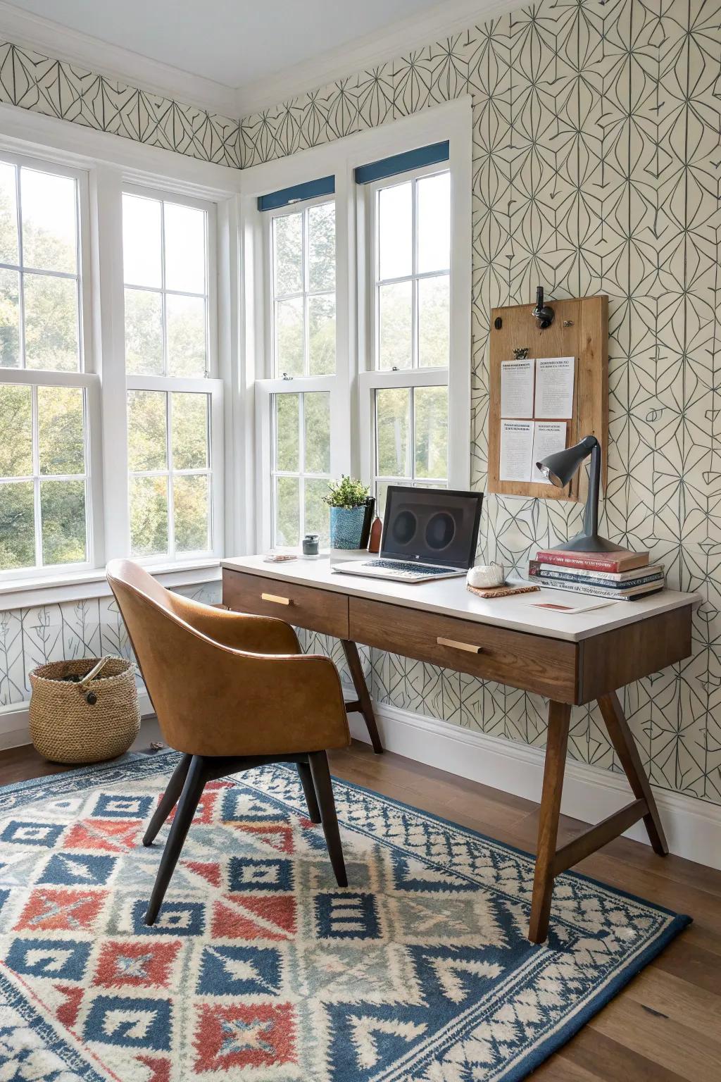 A modern home office with geometric designs adding visual fascination.