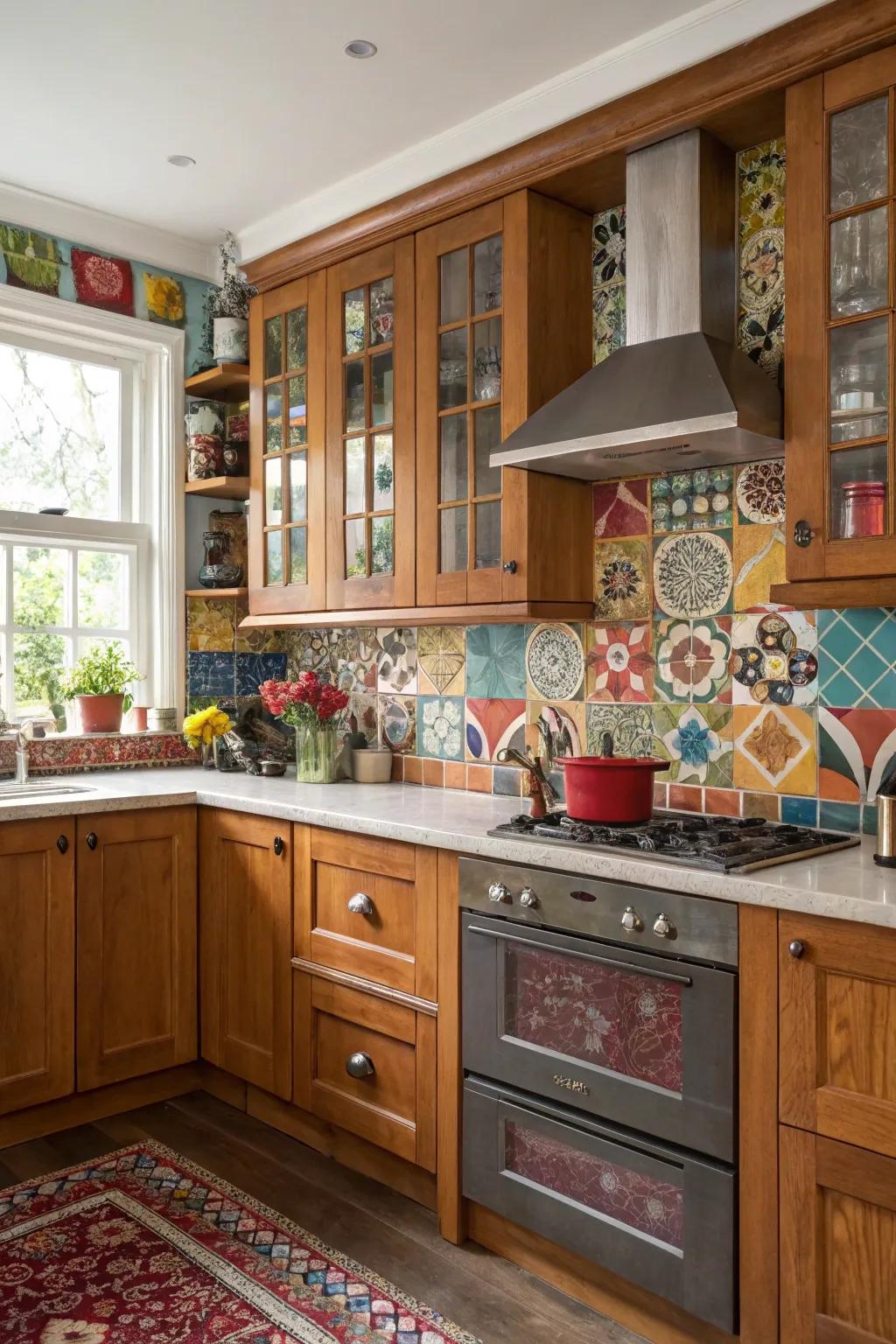 An eclectic kitchen with maple cabinets and a bold backsplash for a striking look.