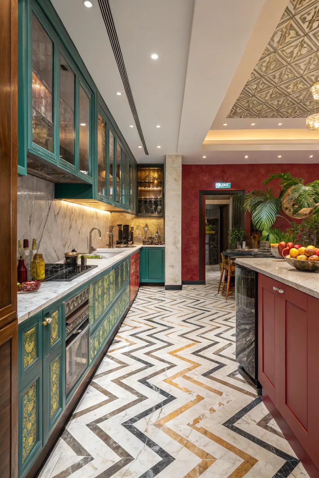 An exotic kitchen featuring unique chevron marble floors.