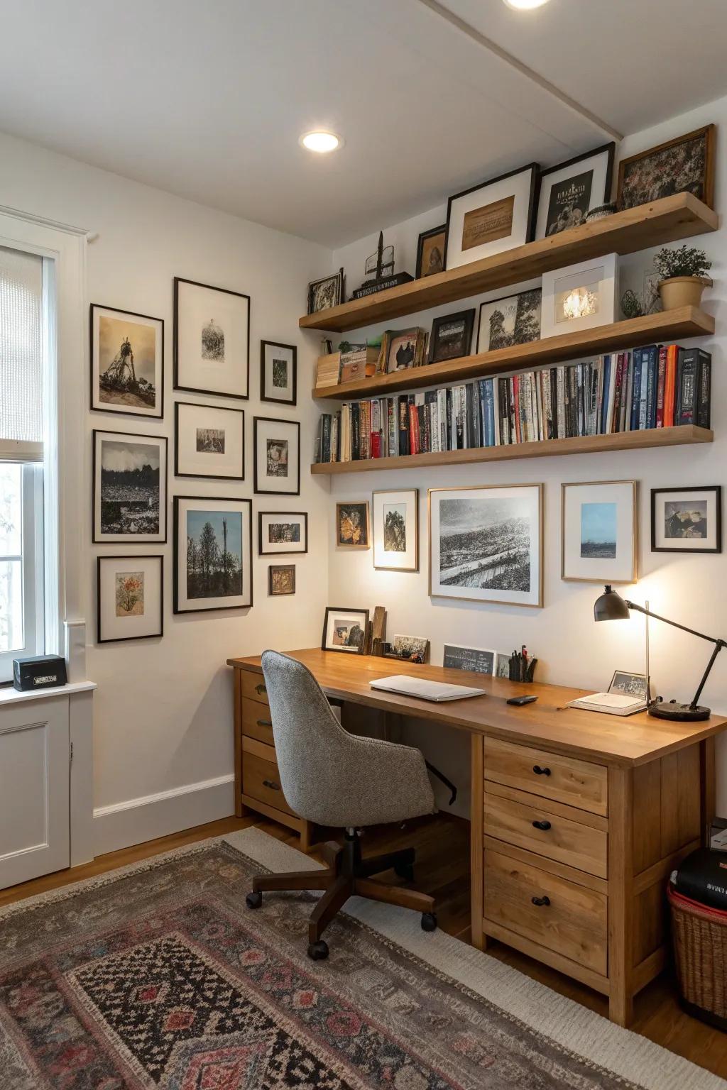 A personal showcase wall adds inspiration and style to this office space.